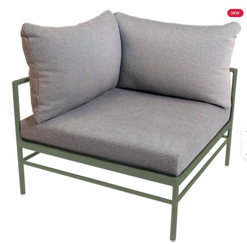 Load image into Gallery viewer, Fermob Rivage corner outdoor armchair with metal frame and cactus-pattern cushions, part of the Rivage corner sofa collection.