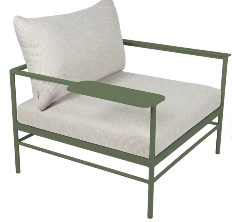 Load image into Gallery viewer, Fermob Rivage outdoor metal armchair with low armrests, featuring a cactus wicker design, ideal for garden seating.