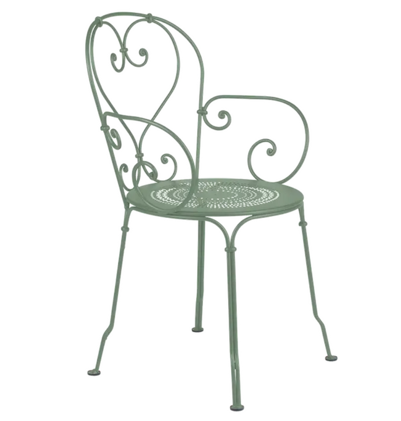 Load image into Gallery viewer, Fermob 1900 Lounge Armchair in cactus green, outdoor lounge chair with a rounded back and armrests, suitable for patio or garden.