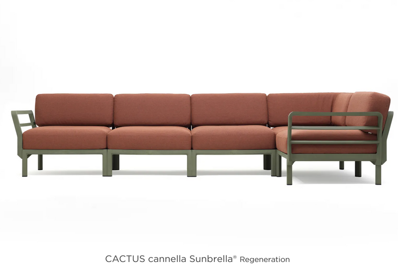 Load image into Gallery viewer, Maximo 5 modular outdoor sofa by Custom Wood Designs, showing cactus-colored cushions on a sleek outdoor seating system.