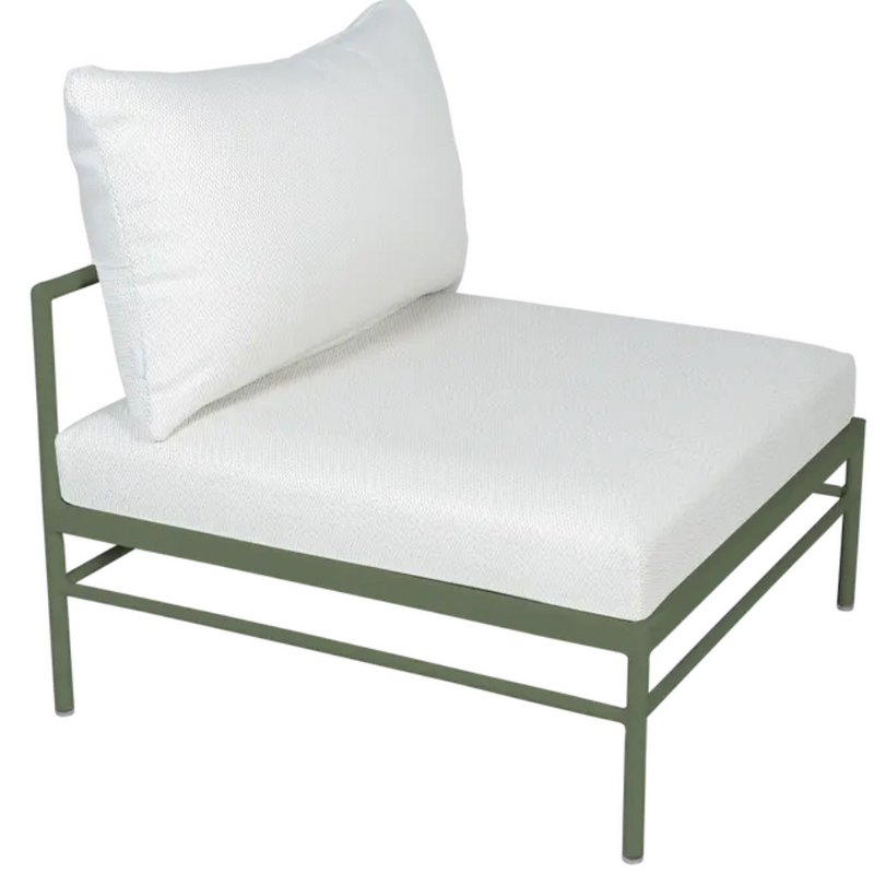 Load image into Gallery viewer, Rivage low outdoor sofa chair by Fermob with a cactus pearl finish, featuring a metal frame and comfortable seating for outdoor spaces.