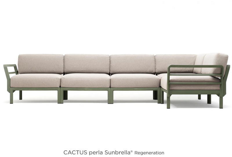 Load image into Gallery viewer, Maximo 5 modular outdoor sofa by Custom Wood Designs featuring cactus-patterned cushions on a hotel terrace seating system.