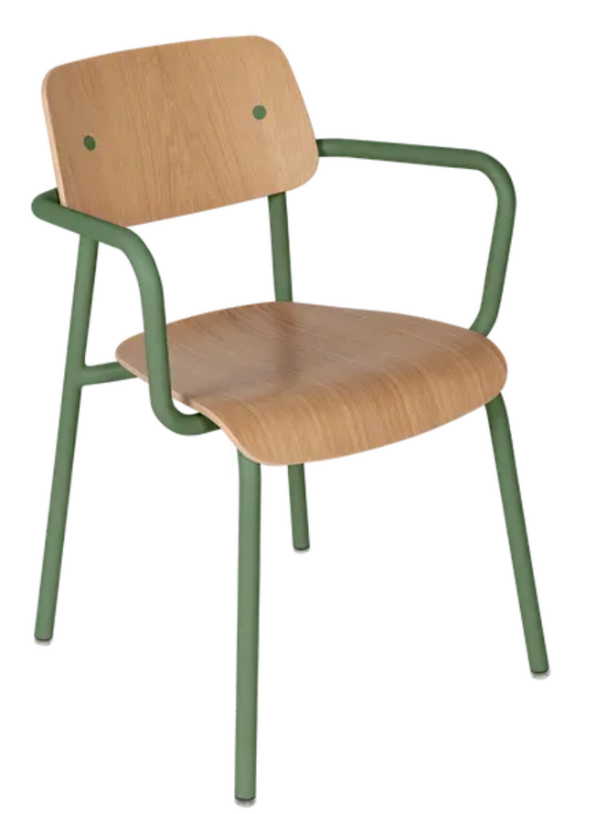 Load image into Gallery viewer, Fermob Studie Oak outdoor armchair with wooden armrests, shown in a modern office or meeting room setting.
