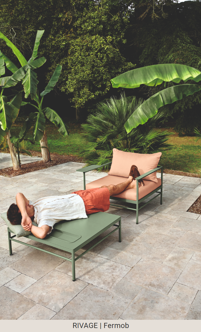 Load image into Gallery viewer, Fermob Rivage outdoor low armchair with metal frame and cactus papyrus fabric, ideal for garden and patio seating.