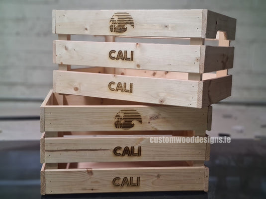 Large Pine Wood Crate 46 X 31 X 25cm pack of 10 Crate pin CaliCaliCratesIrelandCustomWoodDesignsWoodworkingWoodBrandingPromotionalBrandingLaserbranding_3