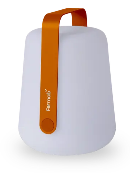 Load image into Gallery viewer, Fermob BALAD² outdoor lamp, 25 cm tall, with a rounded candied orange-colored glass design, perfect for outdoor lighting.
