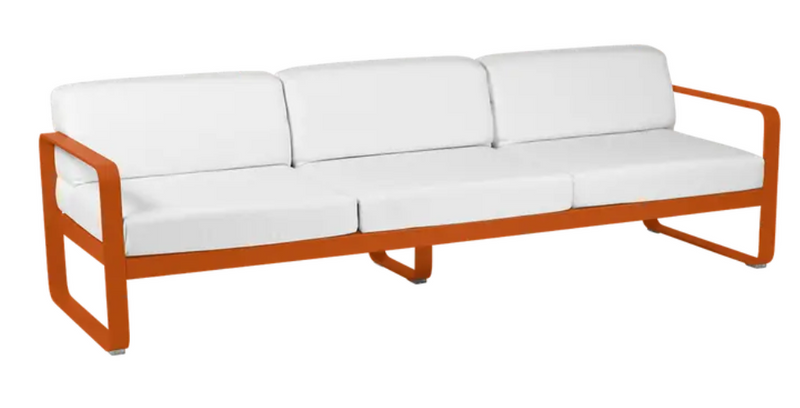 Load image into Gallery viewer, Bellevie 3-seater outdoor sofa by Fermob with white and orange cushions, metal frame, stylish outdoor furniture for patio or garden.