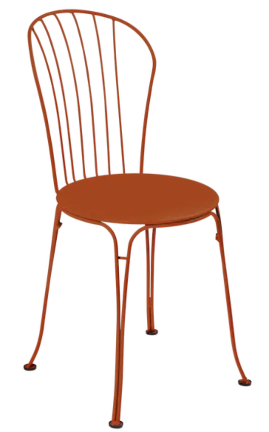 Load image into Gallery viewer, Fermob OPÉRA+ outdoor metal chair in candied orange finish with sleek design, ideal for garden or patio seating.
