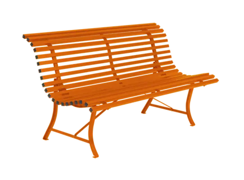 Load image into Gallery viewer, Louisiane 150cm outdoor folding bench by Fermob, featuring a vibrant candied orange color and steel construction for outdoor use.