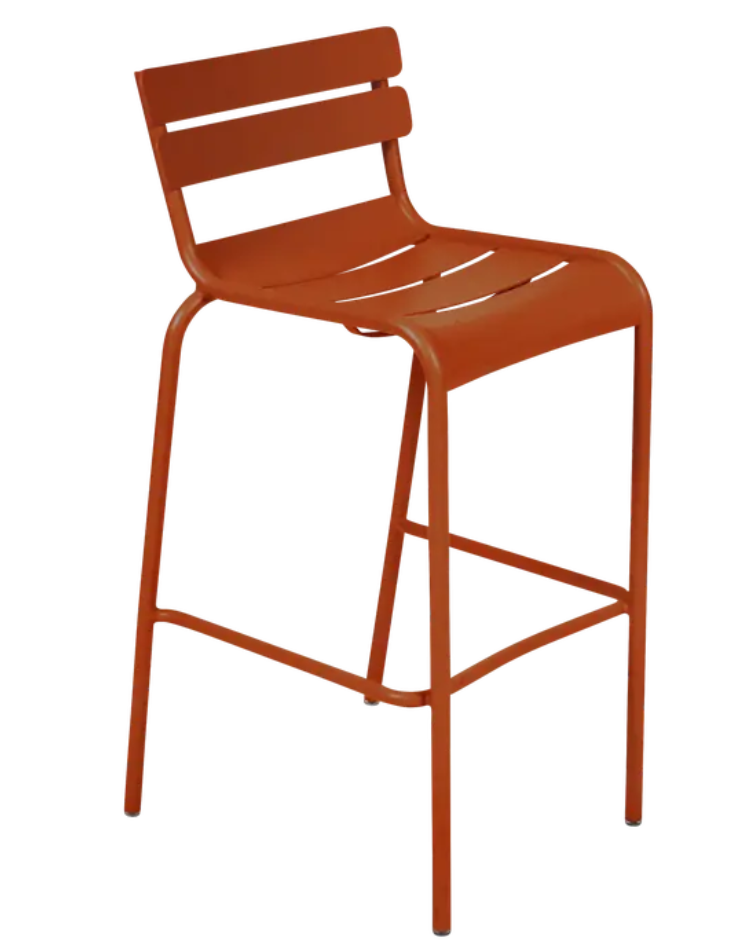 Load image into Gallery viewer, Red Fermob Luxembourg Bar Armchair with metal frame and armrests, suitable for pub or bar seating, featuring a modern design.