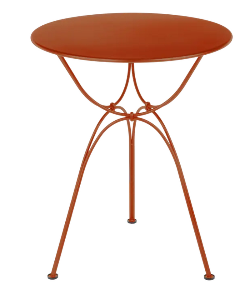 Load image into Gallery viewer, Orange Fermob Airloop Garden Table with round metal top and slim legs, ideal for outdoor patio or garden spaces.