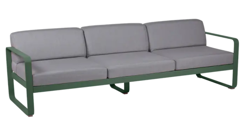 Load image into Gallery viewer, Fermob Bellevie 3-seater outdoor sofa with metal frame, cedar green and flannel grey cushions, perfect for patio relaxation.