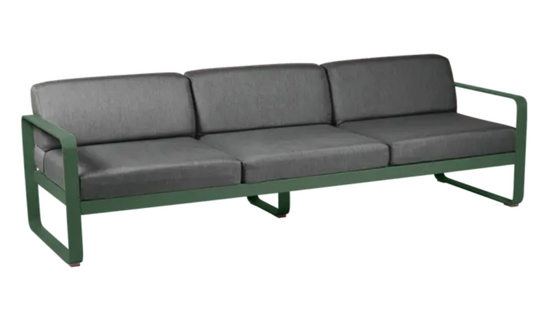 Load image into Gallery viewer, Fermob Bellevie 3-seater outdoor sofa with cedar green fabric and grey metal frame on patio setting.