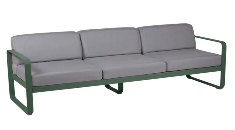 Load image into Gallery viewer, Fermob Bellevie 3-seater outdoor sofa with cedar green, grey taupe metal frame, stylish outdoor furniture for garden or patio.