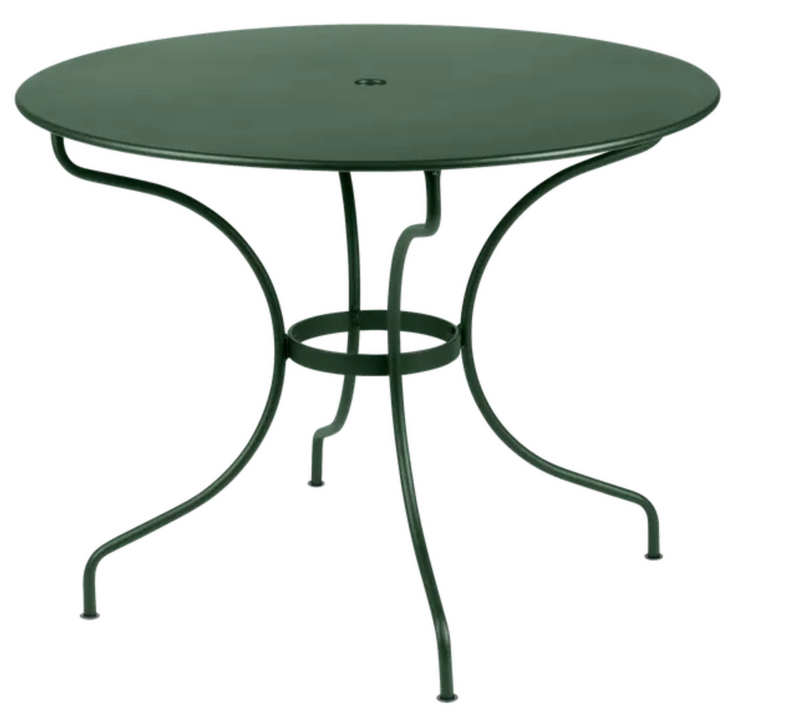 Load image into Gallery viewer, Fermob OPÉRA+ outdoor metal table in cedar green, 96 cm diameter, perfect for five-seater patio dining.
