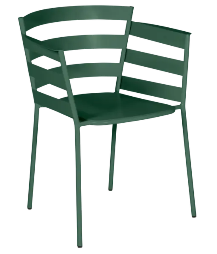 Load image into Gallery viewer, Cedar green Fermob RYTHMIC outdoor armchair with a sleek, modern design, perfect for garden or patio seating.