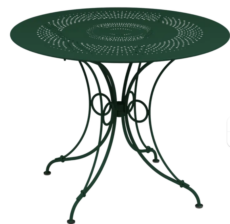 Load image into Gallery viewer, Cedar Green Fermob 1900 outdoor table with 96cm diameter, metal design, suitable for outdoor patio or garden use.