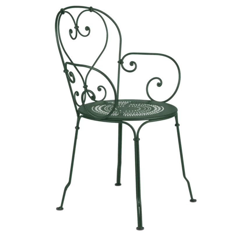 Load image into Gallery viewer, Cedar green Fermob 1900 Lounge Armchair with a rounded back and wooden armrests, designed for outdoor patio seating.