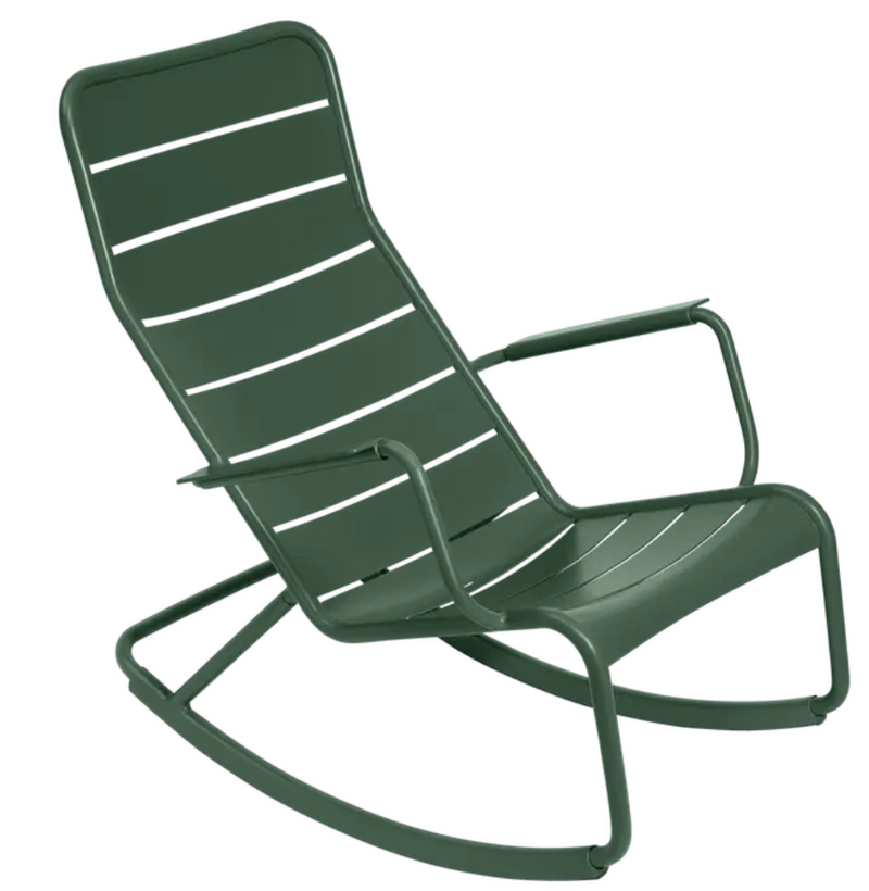 Load image into Gallery viewer, Cedar green Fermob Luxembourg outdoor rocking chair with aluminium frame, designed for patio or garden relaxation.