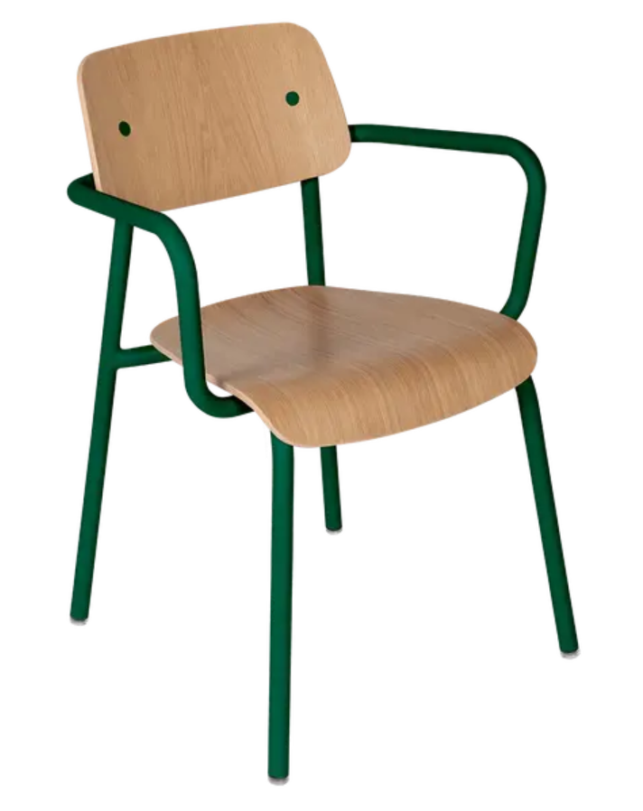 Load image into Gallery viewer, Cedar green Fermob Studie Oak outdoor armchair with wooden arms, suitable for patio or garden seating.
