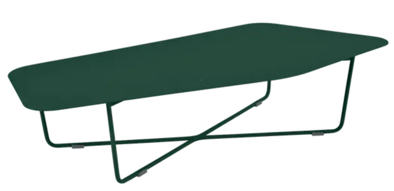 Load image into Gallery viewer, Cedar green Fermob Ultrasofa low metal table measuring 162×74 cm, outdoor furniture for patio or garden use.