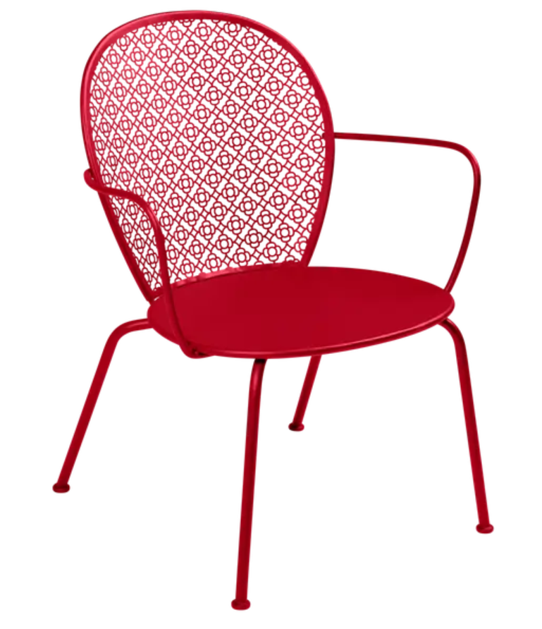 Load image into Gallery viewer, Fermob LORETTE low armchair with a metal frame in vibrant chili red, suitable for outdoor seating.