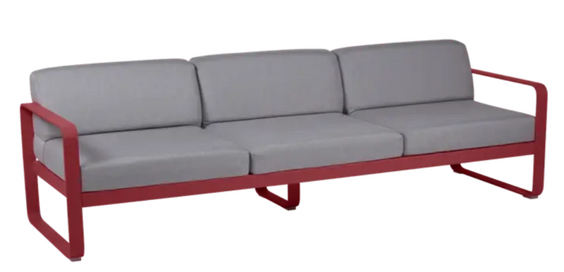 Load image into Gallery viewer, Fermob Bellevie 3-seater outdoor sofa with grey fabric cushions and metal frame, suitable for garden or patio seating.