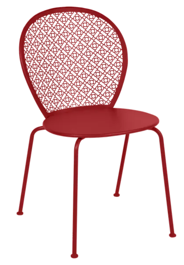 Load image into Gallery viewer, Colorful Fermob Lorette outdoor metal chair with a vibrant red finish, designed for stylish outdoor patio seating.
