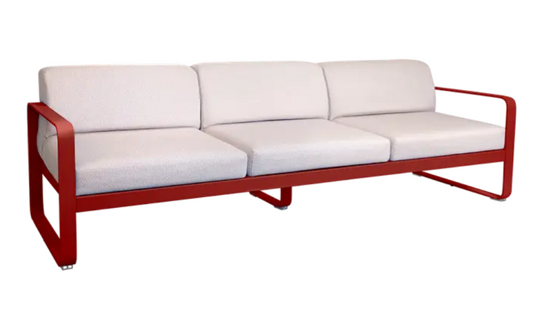 Load image into Gallery viewer, Fermob Bellevie 3-seater outdoor sofa with metal frame, featuring vibrant chili pearl cushions for stylish outdoor seating.