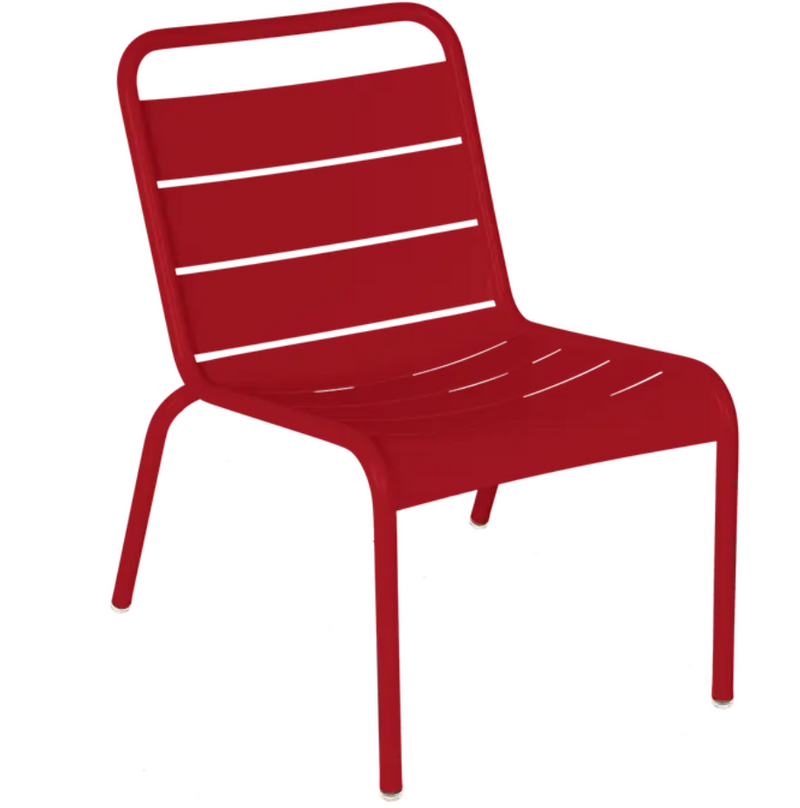 Load image into Gallery viewer, Fermob Luxembourg lounge chair with red metal frame, outdoor furniture design, suitable for patio or restaurant seating.