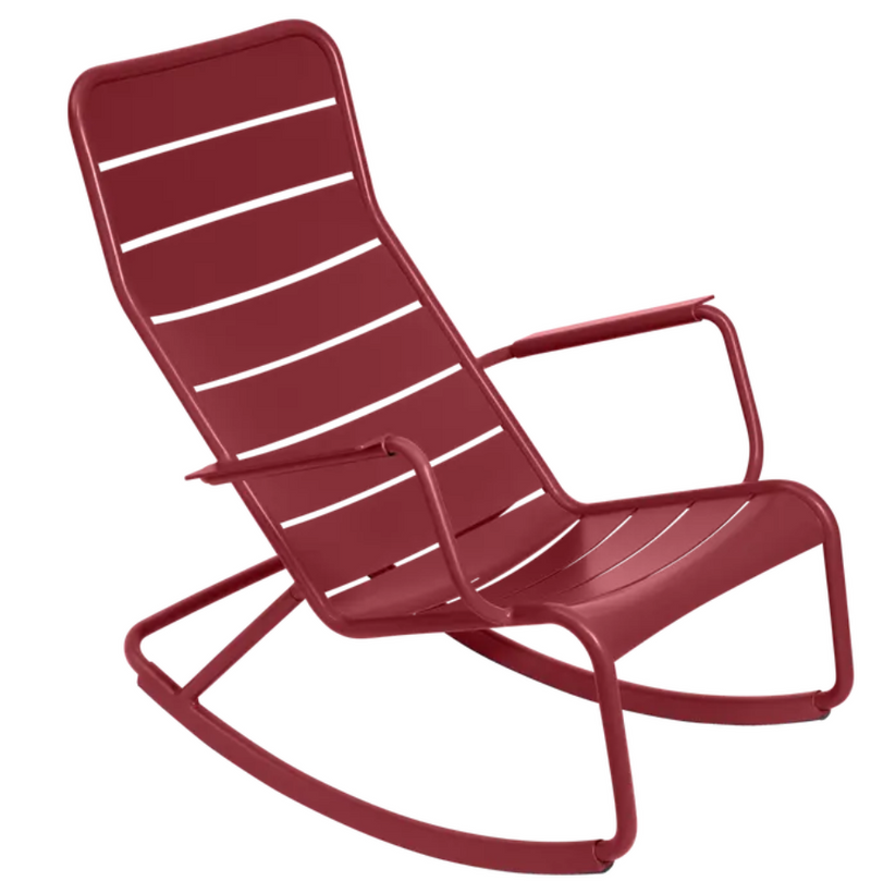 Load image into Gallery viewer, Fermob Luxembourg outdoor rocking chair with orange aluminum frame, designed for comfortable relaxation in outdoor spaces.
