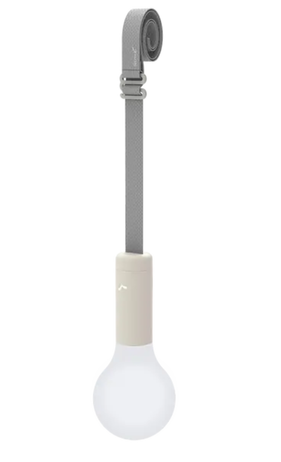 Load image into Gallery viewer, Fermob APLÔ suspended lamp with a clay grey finish hanging from a strap, rechargeable LED lighting for modern interior decor.