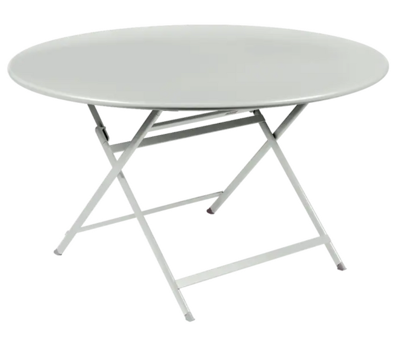 Load image into Gallery viewer, Fermob Caractère foldable metal table in Clay Grey with 128cm diameter, eight-seater, shown in a folded and open position.