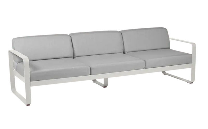 Load image into Gallery viewer, Fermob Bellevie 3-seater outdoor sofa with grey metal frame and fabric cushions, suitable for garden or patio seating.