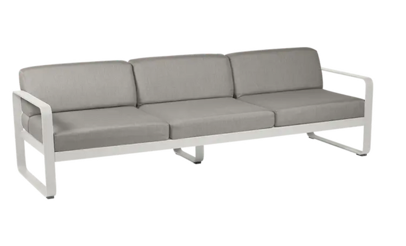 Load image into Gallery viewer, Clay grey Fermob Bellevie 3-seater outdoor sofa with metal frame, stylish contract furniture for outdoor patio or garden space.