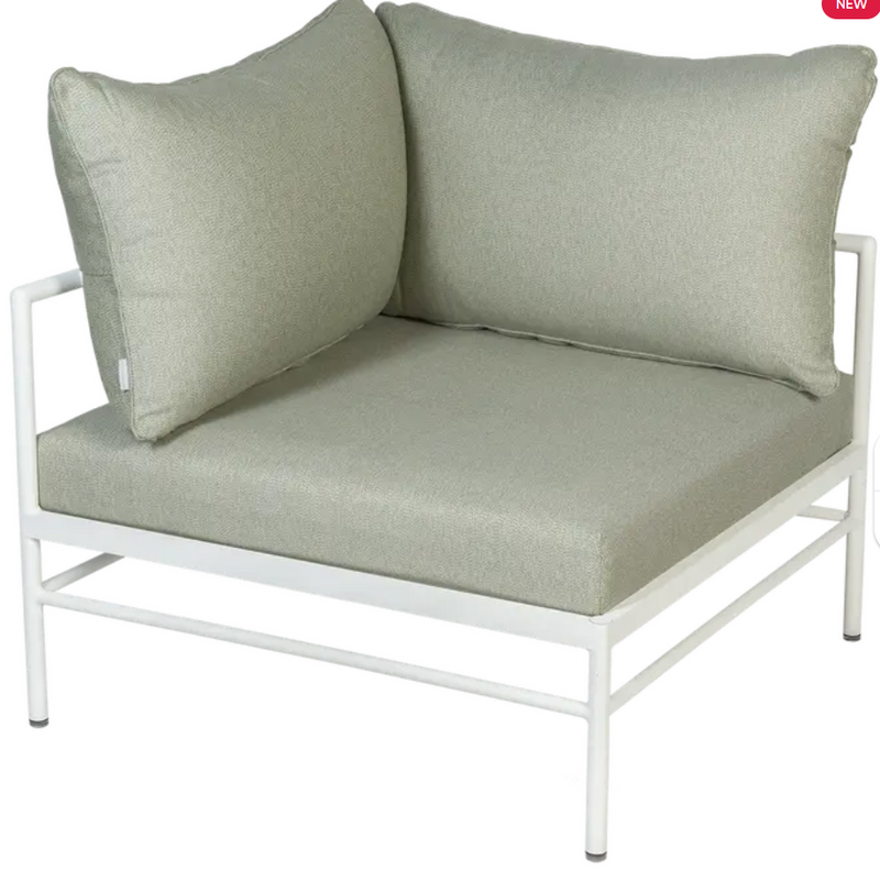 Load image into Gallery viewer, Cotton Meadow Green Fermob Rivage Corner Armchair in a corner outdoor metal sofa setting with plush cushions.