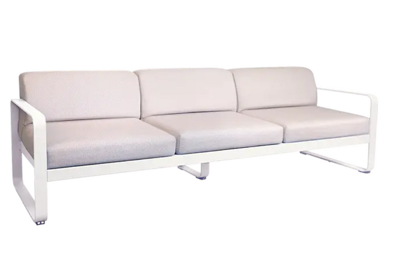 Load image into Gallery viewer, Fermob Bellevie 3-seater outdoor sofa with metal frame and white cushions, ideal for garden or patio relaxation.