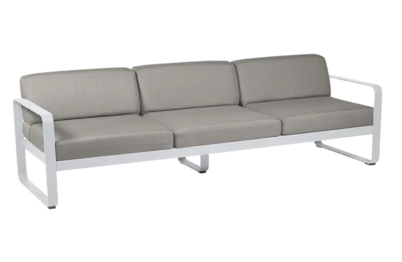 Load image into Gallery viewer, Fermob Bellevie 3-seater outdoor sofa with white cotton cushions and taupe metal frame, suitable for outdoor garden or patio.