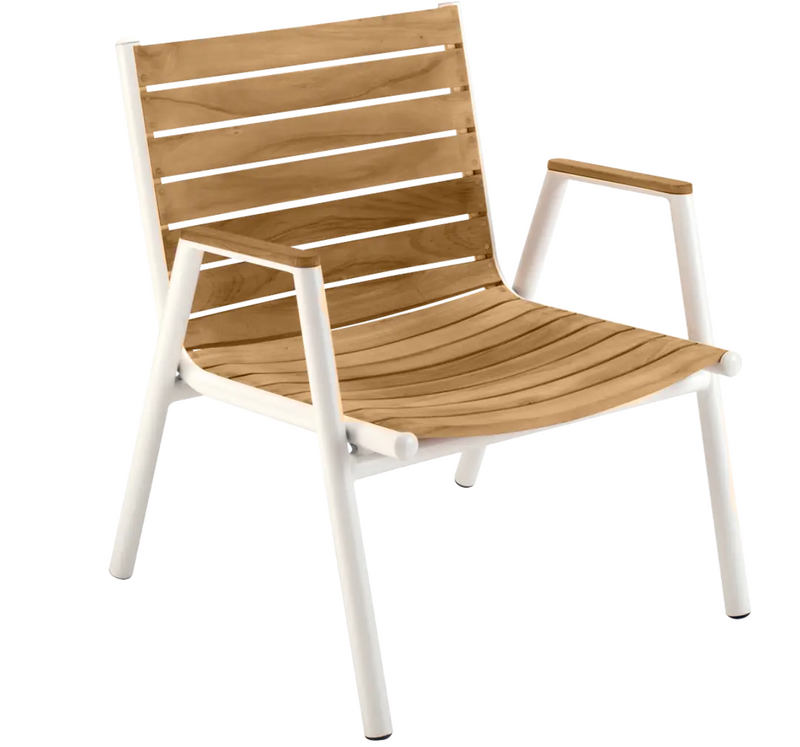 Load image into Gallery viewer, Fermob Pilotis teak low armchair with white cushions, outdoor teak chair with clean design and sturdy construction.