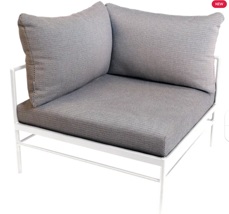 Load image into Gallery viewer, Cotton white Fermob Rivage corner outdoor armchair with a metal frame and straw-like textured cushions for stylish outdoor seating.