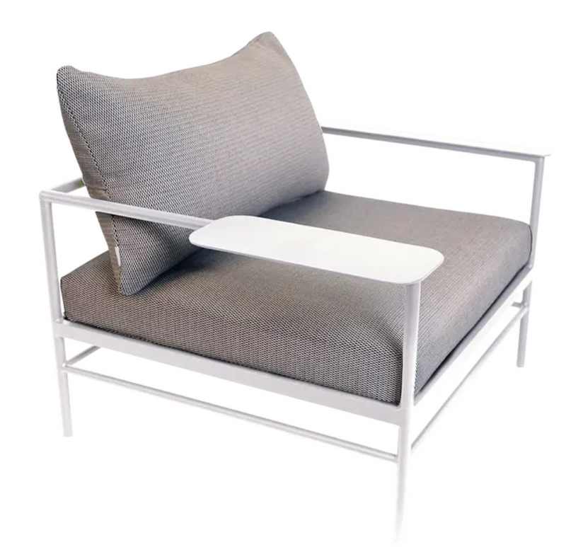 Load image into Gallery viewer, Fermob Rivage outdoor low armchair with white cotton and straciatella pattern, metal frame, garden furniture for outdoor use