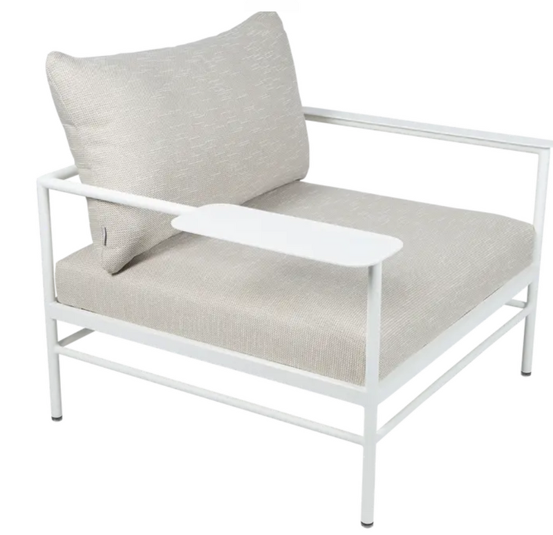 Load image into Gallery viewer, Fermob Rivage outdoor low armchair with white cotton wicker seat and metal frame, suitable for garden furniture.