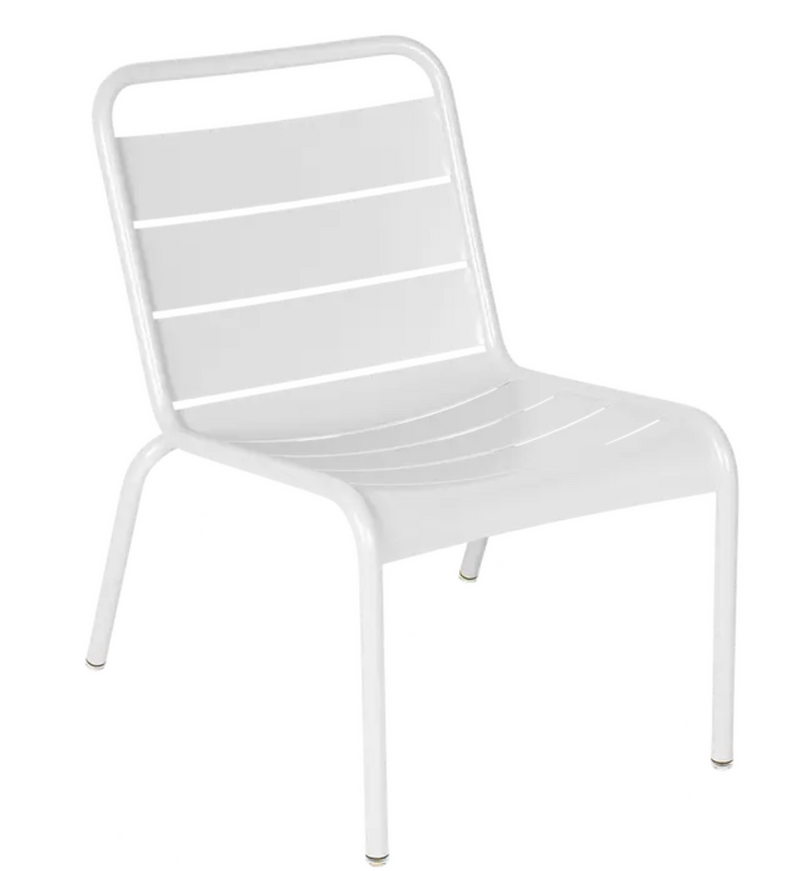 Load image into Gallery viewer, Cotton white Fermob Luxembourg lounge chair with metal frame, outdoor furniture for patio or restaurant seating.