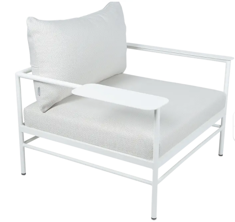 Load image into Gallery viewer, Fermob Rivage low armchair with white perforated metal frame, suitable for outdoor garden seating.