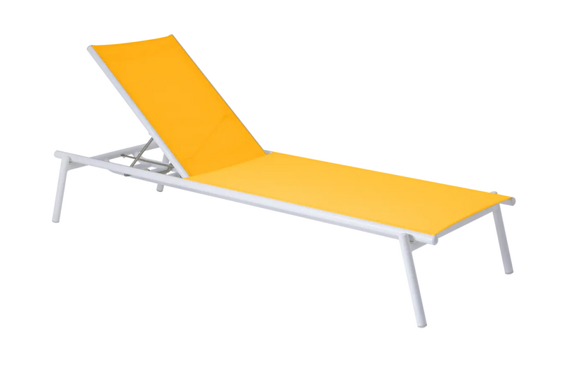 Load image into Gallery viewer, Fermob Pilotis V. Batyline® sunlounger with yellow cushion, outdoor poolside setting, featuring a sleek, modern design for relaxation.