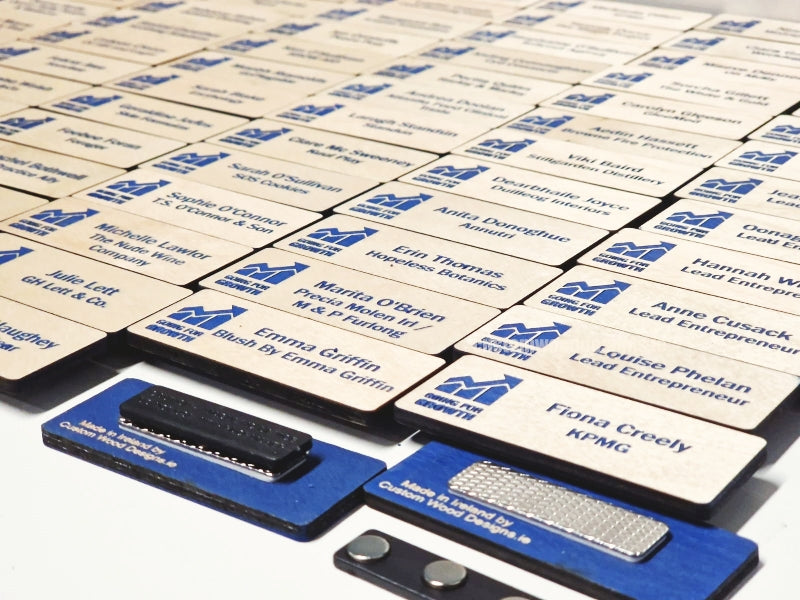 Load image into Gallery viewer, Blonde Birch Name Badges MOQ 10pcs Bespoke Made Custom Wood Designs __label: Multibuy CustomWoodDesignsIreland9a010861-c85d-47f0-88d6-bad0518b022e