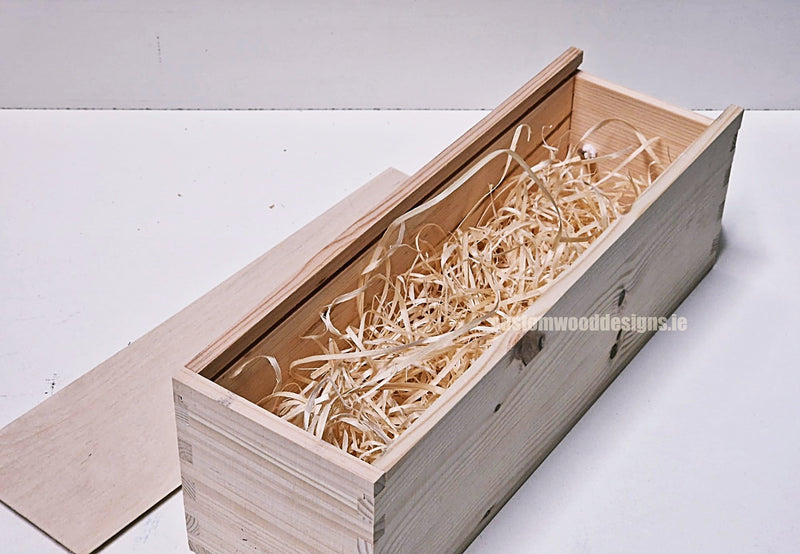 Load image into Gallery viewer, Sliding Lid 1 Bottle Box - Natural x 25 Corporate Gift Box with Wood Wool Custom Wood Designs __label: Multibuy gift gift box single box wine box wood wool CustomWoodDesignsIrelandCorporategiftboxesBottleBoxesGiftingboxesforbottleslaserengravedbottleboxespersonalisedbottleboxesCorporateboxesru_4_47192dae-77a7-48bf-9cb5-2167bcbbaef4