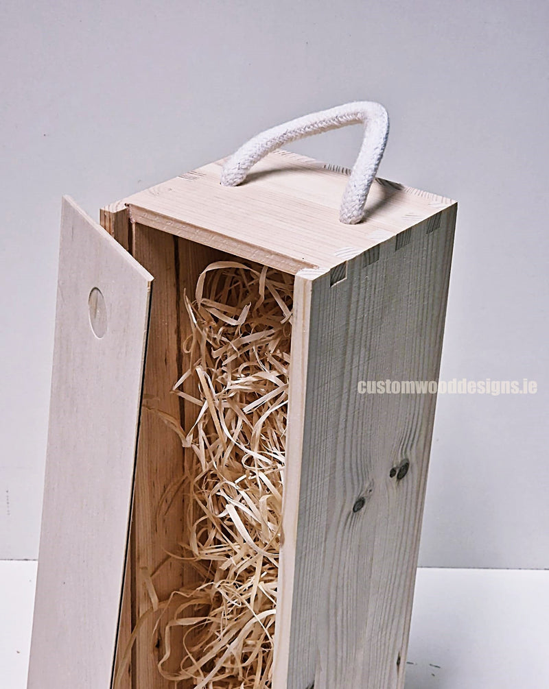 Load image into Gallery viewer, Sliding Lid 1 Bottle Box - Natural x 25 Corporate Gift Box with Wood Wool Custom Wood Designs __label: Multibuy gift gift box single box wine box wood wool CustomWoodDesignsIrelandCorporategiftboxesBottleBoxesGiftingboxesforbottleslaserengravedbottleboxespersonalisedbottleboxesCorporateboxesru_5_181064e0-c6b1-4ce1-8f34-98c41c7cc020