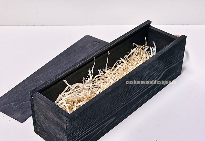 Load image into Gallery viewer, Sliding Lid Bottle Box - Single Black x25 Bottle box Custom Wood Designs __label: Multibuy Bottle Box Bottle Boxes Single bottle box CustomWoodDesignsIrelandCorporategiftboxesBottleBoxesGiftingboxesforbottleslaserengravedbottleboxespersonalisedbottleboxesCorporateboxesrust_4_8286e49d-a0f1-41a0-891a-5cb64fc2564c