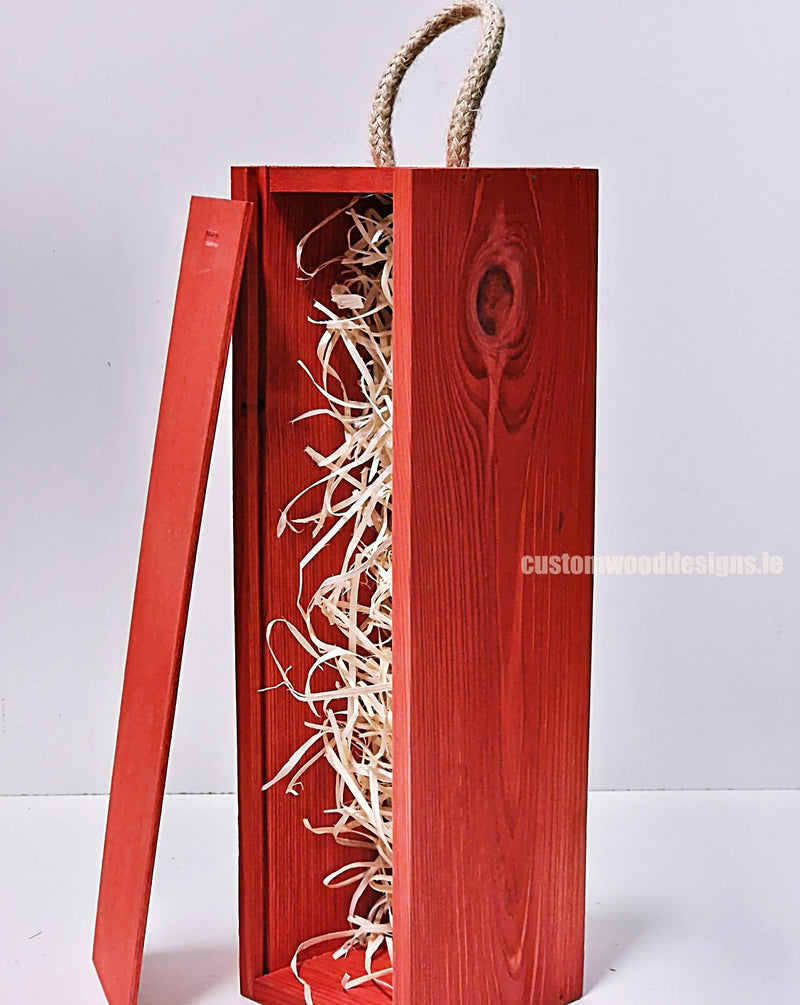 Load image into Gallery viewer, Sliding Lid Bottle Box - Single Red x25 Custom Wood Designs __label: Multibuy Bottle Box Bottle Boxes gift box Gift Boxes Single bottle box wooden Box CustomWoodDesignsIrelandCorporategiftboxesBottleBoxesGiftingboxesforbottleslaserengravedbottleboxespersonalisedbottleboxesCorporateboxesrustic_9_611e6653-6c77-4e2a-8a85-6e9713b382cc